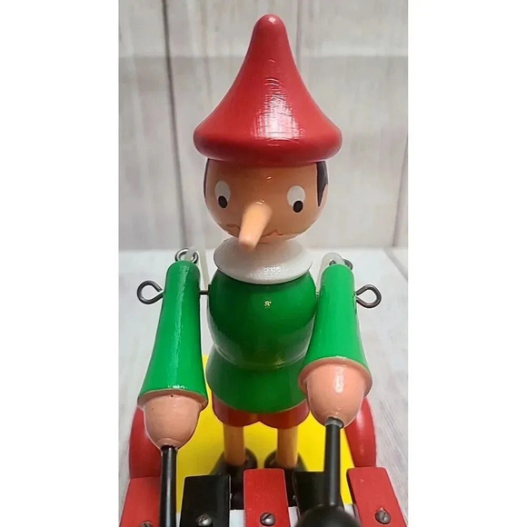 Vintage Unbranded Wooden Pinocchio Pull Toy Figure Yellow Red Green 7.5" - Picture 3 of 8